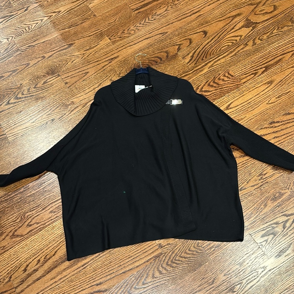 Cowl neck sweater cape with ribbed detail